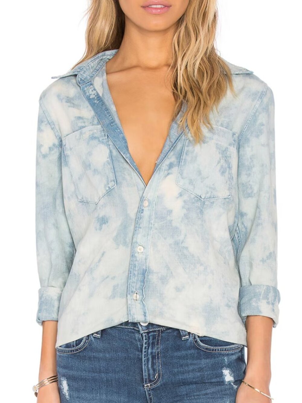 MOTHER Denim Double Foxy Button Up Shirt Head in the Clouds Bleached Wash Size M